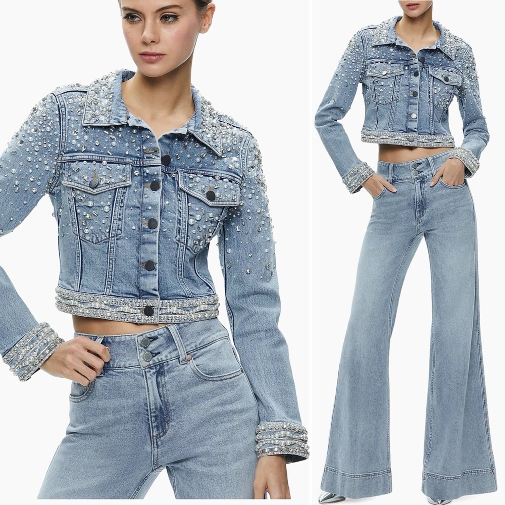 ALICE + OLIVIA Nelson Embellished Beaded Cropped Fitted Denim Jean Jacket Md NEW - Picture 2 of 15